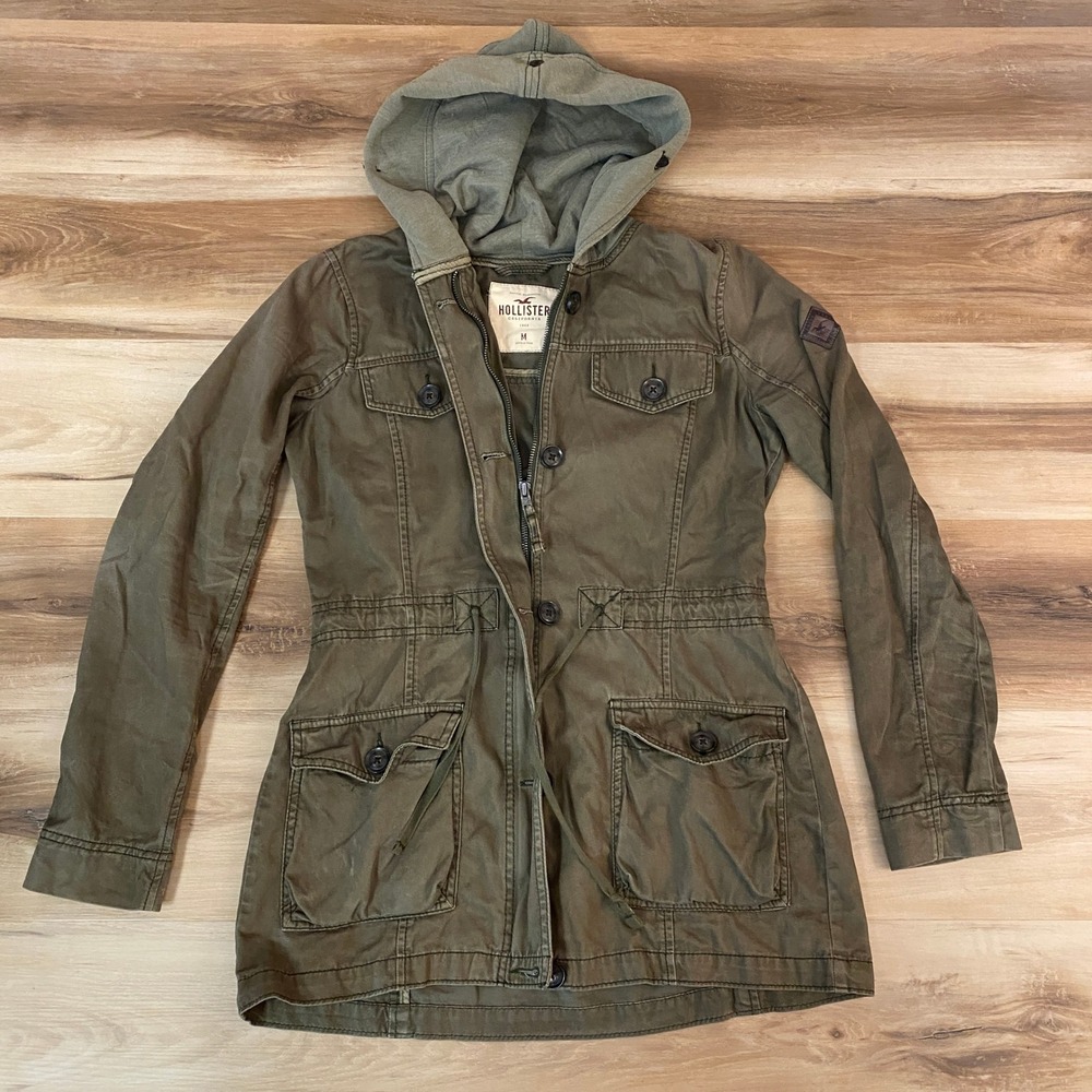 Hollister Army Jacket Womens Medium Olive Green Hooded Utility Jacket Military